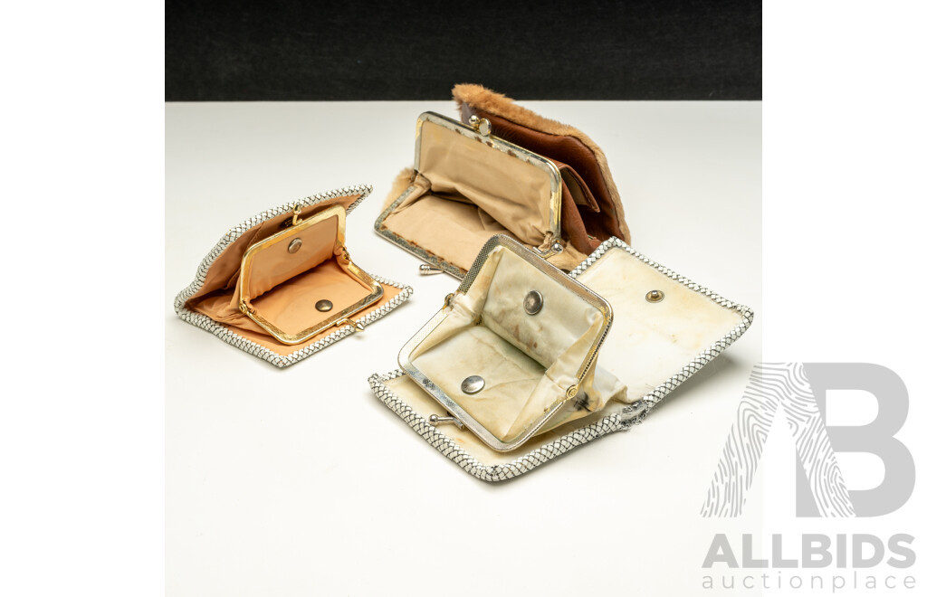 Vintage Collection of Smalls with Kangaroo Fur Clutch, Unused Manicure Set in Leather Embossed Case & Glomesh Style Purses