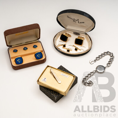 Original Boxed Vintage Masonic & Onyx Cuff Links & Button Sets with Unused Vintage SOS Bracelet & Tie Bar