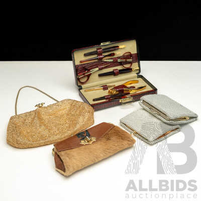 Vintage Collection of Smalls with Kangaroo Fur Clutch, Unused Manicure Set in Leather Embossed Case & Glomesh Style Purses