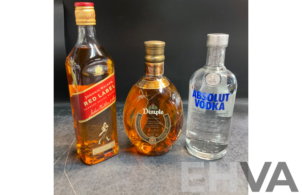 Johnnie Walker Red Label Scotch Whisky 700ml & Dimple 12 Years Whisky 700ml  & Absolut Vodka 700ml - Lot of 3