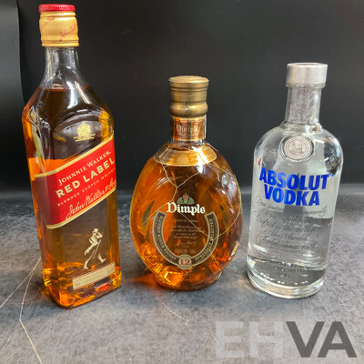 Johnnie Walker Red Label Scotch Whisky 700ml & Dimple 12 Years Whisky 700ml  & Absolut Vodka 700ml - Lot of 3 Johnnie Walker Red Label Scotch Whisky 700ml & Dimple 12 Years Whisky 700ml  & Absolut Vodka 700ml - Lot of 3