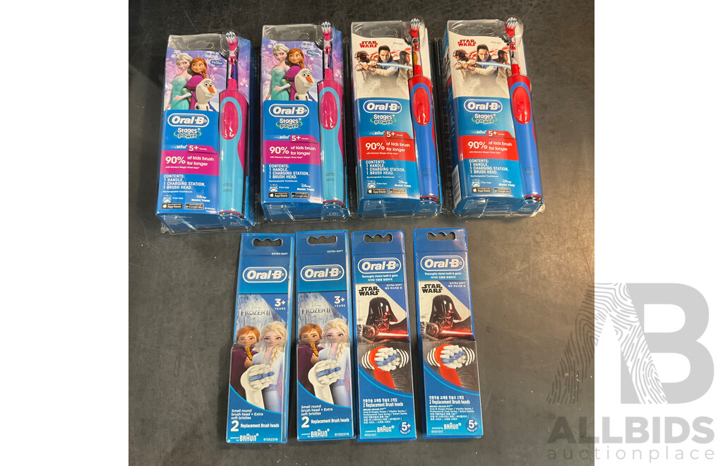 Oral-B Kids Stages Power Star Wars/ Frozen Rechargeable Toothbrush and Brush Head 2packs - Lot of 8