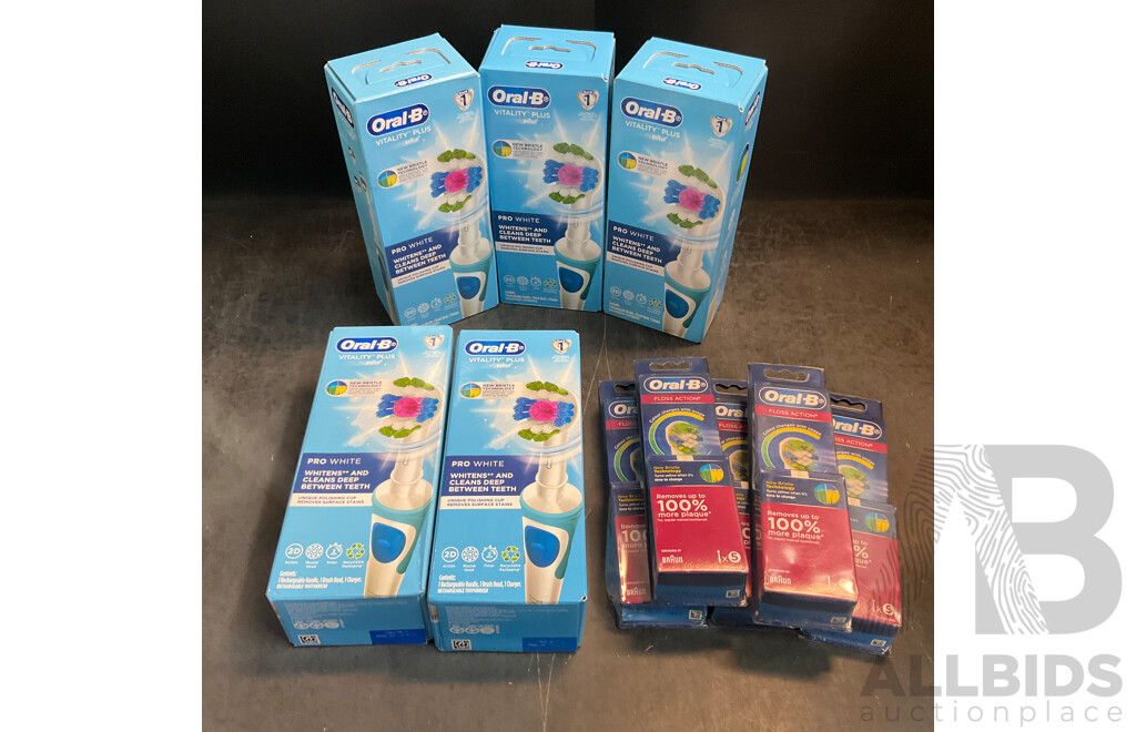 Oral-B Vitality Plus  PRO White Rechargeable Toothbrush X5 & Floss Action Brush Heads 5 Packs X5 - Lot of 10