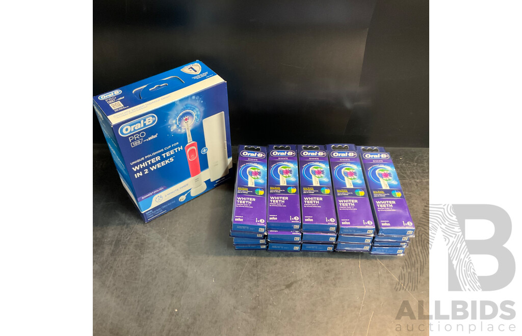 Oral-B PRO 100 Rechargeable Toothbrush with Travel Case & 3D White Brush Heads 3 Packs X20