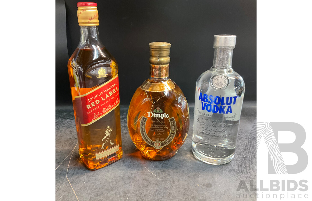 Johnnie Walker Red Label Scotch Whisky 700ml & Dimple 12 Years Whisky 700ml  & Absolut Vodka 700ml - Lot of 3