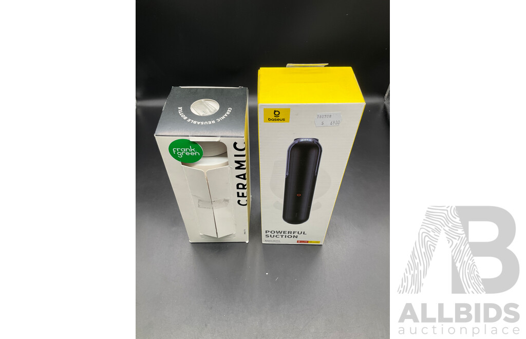 FRANK GREEN Ceramic 1L Pink/Green Bottle and BASEUS AO Pro Car Vacuum Cleaner - Lot of 2