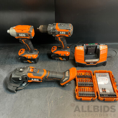 AEG Electric Tools (BSS18BLC,BSB18B2M,BEWS18125BLC) with 2x Batteries & Charger & Driving Bit Set AEG Electric Tools (BSS18BLC,BSB18B2M,BEWS18125BLC) with 2x Batteries & Charger & Driving Bit Set