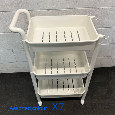 Mobile 3-Tier Storage Shelf with Wheels - Assorted Colours - Lot of 7