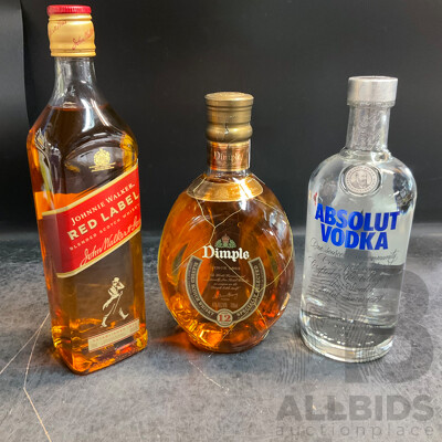 Johnnie Walker Red Label Scotch Whisky 700ml & Dimple 12 Years Whisky 700ml  & Absolut Vodka 700ml - Lot of 3