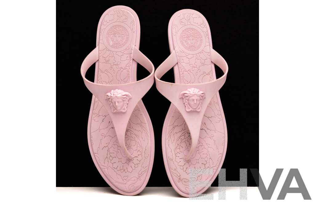 Versace Medusa Palazzo Thong Sandals, Pink Rubber, Size 41