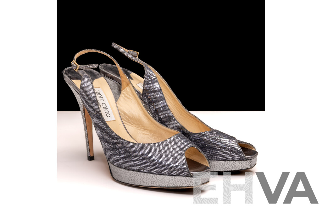 Jimmy Choo Nova Anthracite Glitter Slingback Platform Pumps, 12cm Heels, Size 42