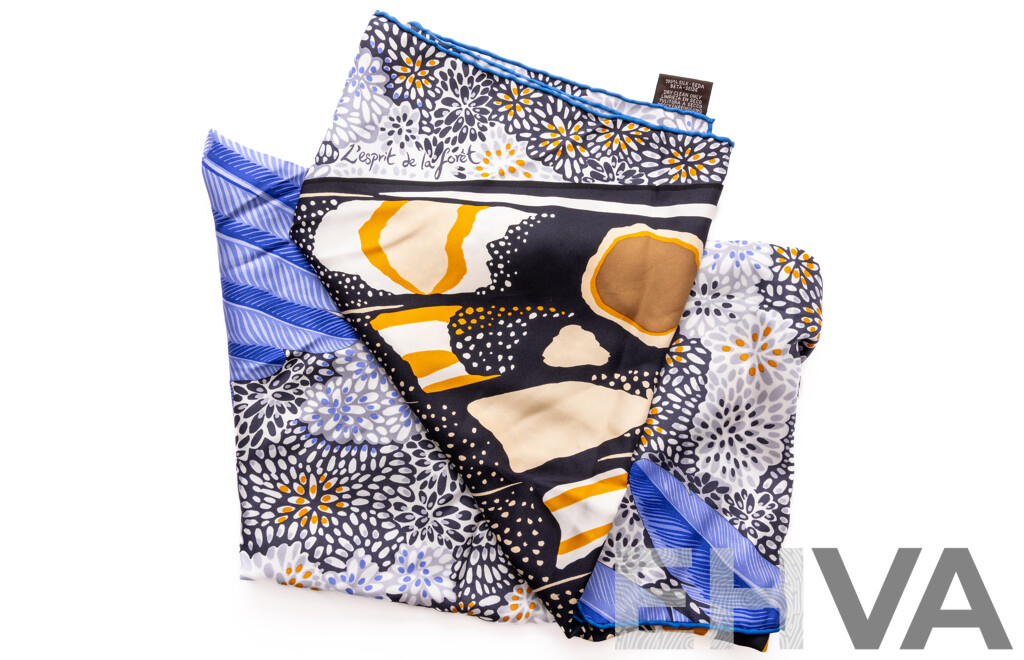 Hermes 'Inspired' Silk L'Esprit De La Foret Scarf 90 Black Ocre Bleu Lavande, Made in France