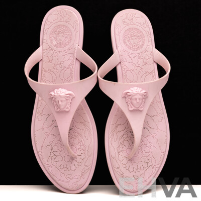 Versace Medusa Palazzo Thong Sandals, Pink Rubber, Size 41