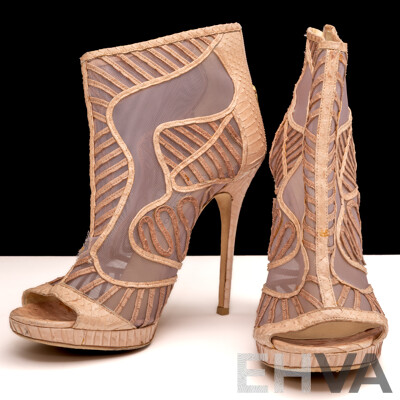 Jimmy Choo Beige Python & Mesh Open Toe Platform Ankle Bootees, Size 42