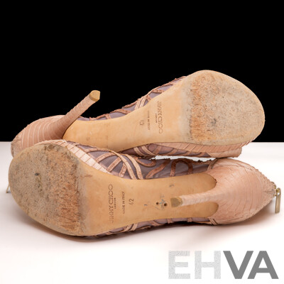 Jimmy Choo Beige Python & Mesh Open Toe Platform Ankle Bootees, Size 42