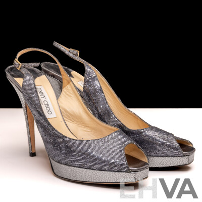 Jimmy Choo Nova Anthracite Glitter Slingback Platform Pumps, 12cm Heels, Size 42 Jimmy Choo Nova Anthracite Glitter Slingback Platform Pumps, 12cm Heels, Size 42