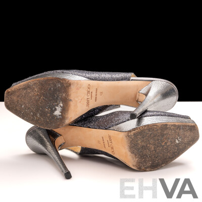 Jimmy Choo Nova Anthracite Glitter Slingback Platform Pumps, 12cm Heels, Size 42