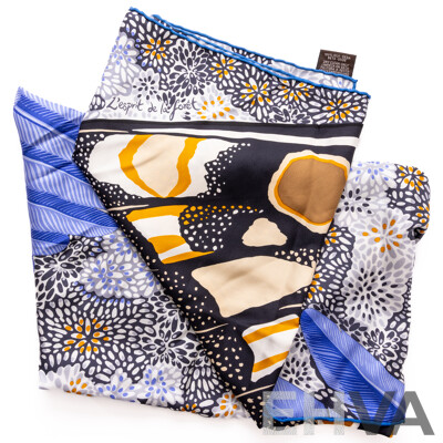 Hermes 'Inspired' Silk L'Esprit De La Foret Scarf 90 Black Ocre Bleu Lavande, Made in France