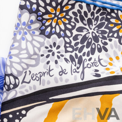 Hermes 'Inspired' Silk L'Esprit De La Foret Scarf 90 Black Ocre Bleu Lavande, Made in France