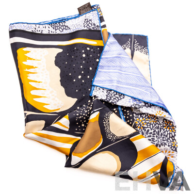 Hermes 'Inspired' Silk L'Esprit De La Foret Scarf 90 Black Ocre Bleu Lavande, Made in France