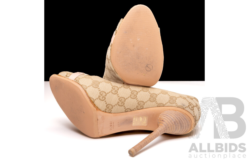 Gucci Guccissima Canvas Monogram Horsebit Peep Toe Pumps, 11cm Heel, Size 41, with Original Box