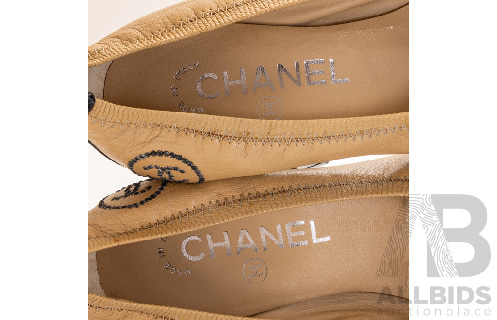 Chanel Black & Beige Leather Pumps, 65mm Heel, Size 34C