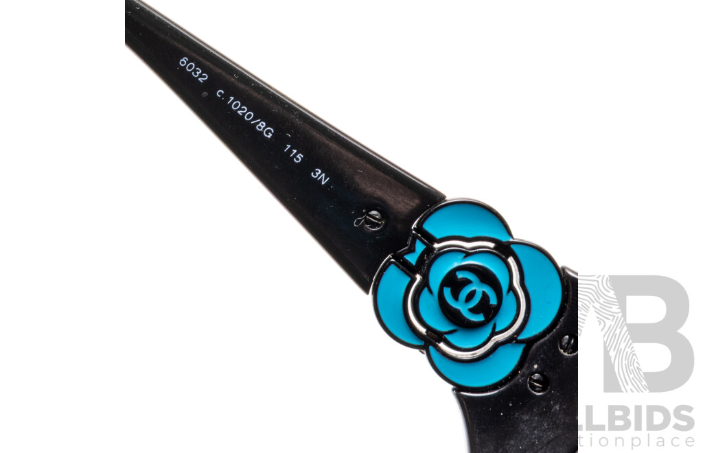 Chanel Vintage Black Camellia Shield Sunglasses, 6032 C.1020/8G 115 3N with Chanel Sunglass Pouch
