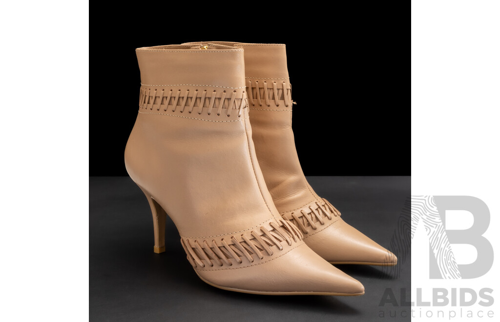 Custom Beige Leather Ankle Boots with Laced Leather Embellishment, Made in Brazil, Size 42