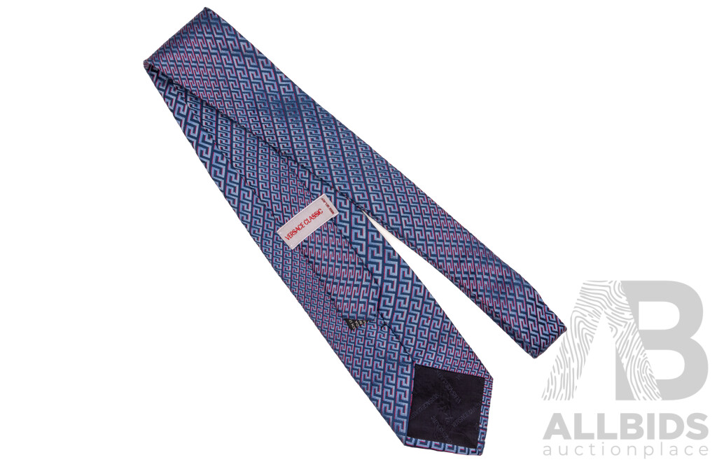Versace Classic Silk Tie with Geometric Blue/red Patterning, Made in Italy