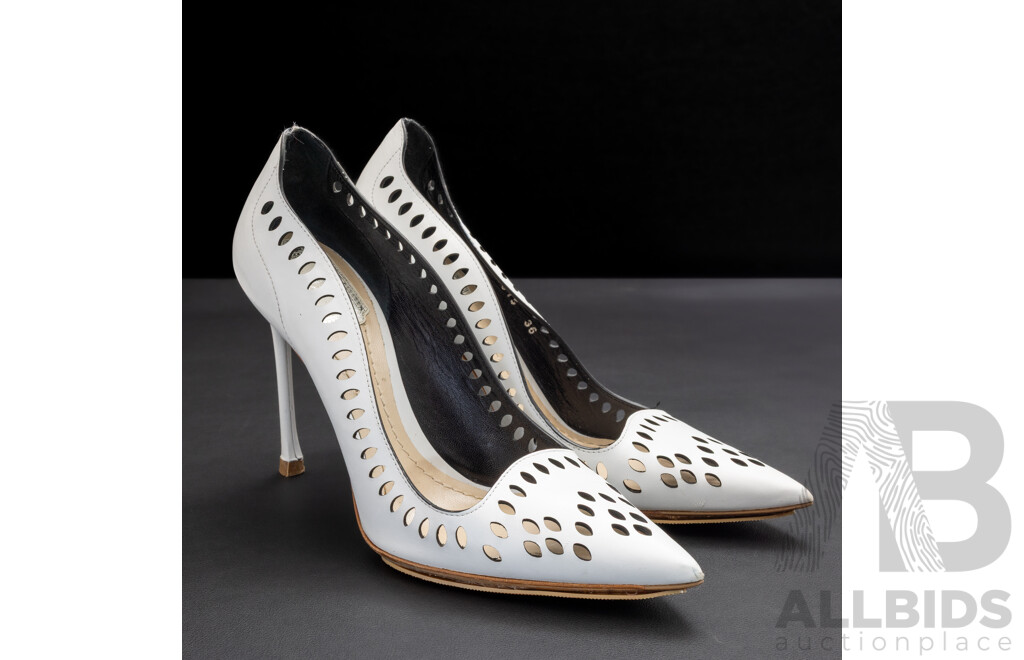Christian Dior Verso Laser-cut Pumps in White Calfskin Leather, 10cm Heel, Size 36