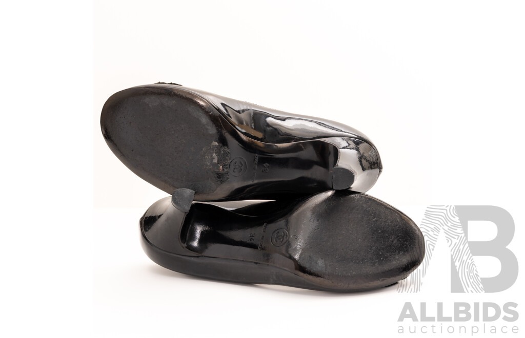 Chanel Camelia Pumps, Black Patent Leather, 6cm Heel, Size 34