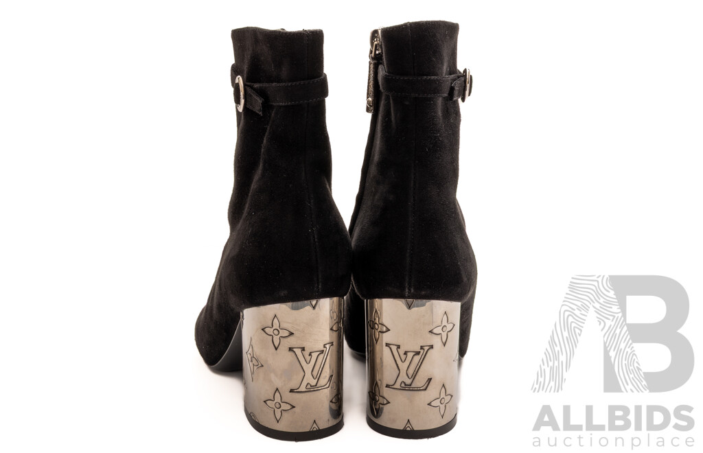 Louis Vuitton Silhouette Ankle Boot, Black Seude with Silver Monogram Heel, 7.5cm Heel, Size 37