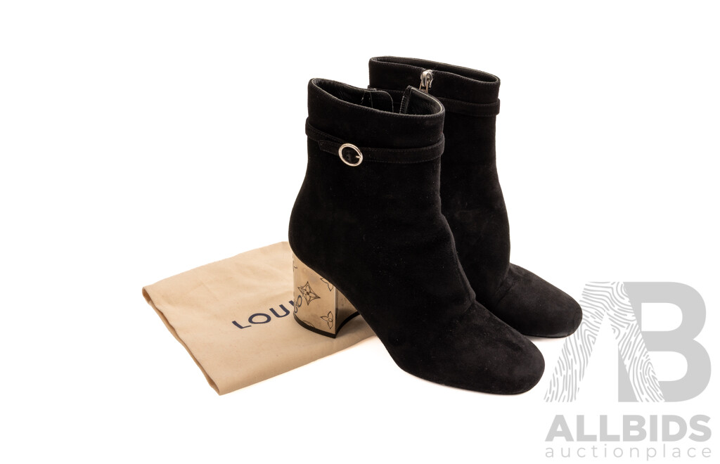 Louis Vuitton Silhouette Ankle Boot, Black Seude with Silver Monogram Heel, 7.5cm Heel, Size 37