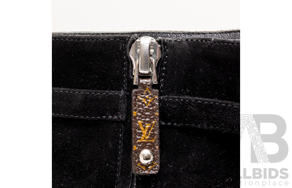 Louis Vuitton Silhouette Ankle Boot, Black Seude with Silver Monogram Heel, 7.5cm Heel, Size 37