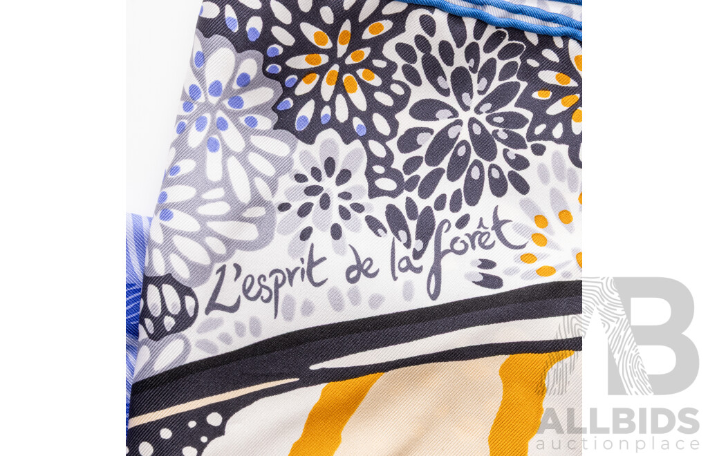 Hermes 'Inspired' Silk L'Esprit De La Foret Scarf 90 Black Ocre Bleu Lavande, Made in France