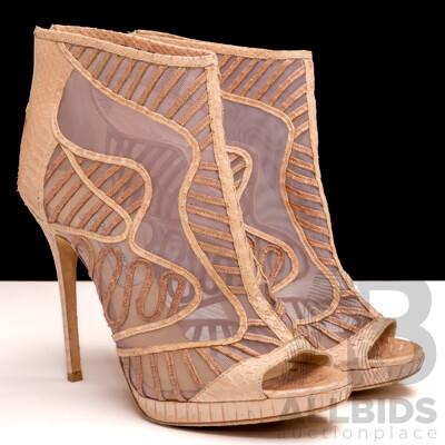 Jimmy Choo Beige Python & Mesh Open Toe Platform Ankle Bootees, Size 42 Jimmy Choo Beige Python & Mesh Open Toe Platform Ankle Bootees, Size 42