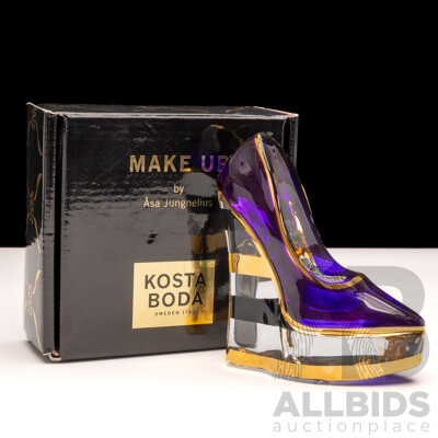Kosta Boda 'Make Up' by Asa Jungnelius Purple Pump Heel Shoe 'Stripe' Sculpture, 7091349, with Original Box