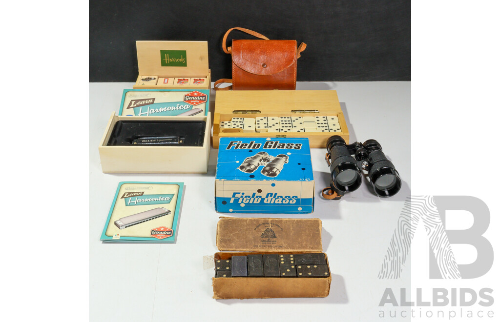 Vintage Anthony Hordern & Sons Dominoes, Timber Cased Dominoes, Field Glass Binoculars, Hinkler Harmonica