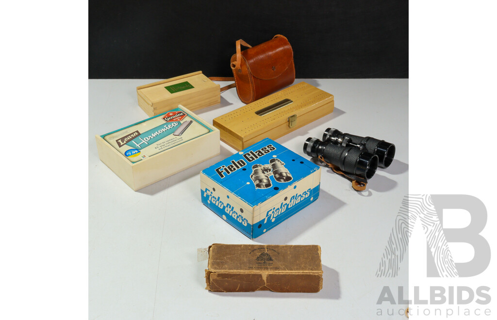 Vintage Anthony Hordern & Sons Dominoes, Timber Cased Dominoes, Field Glass Binoculars, Hinkler Harmonica