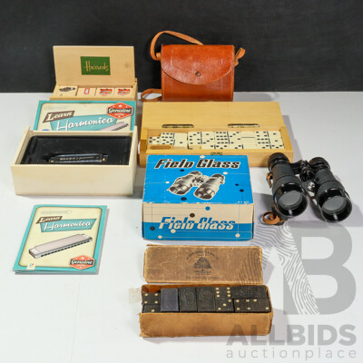 Vintage Anthony Hordern & Sons Dominoes, Timber Cased Dominoes, Field Glass Binoculars, Hinkler Harmonica