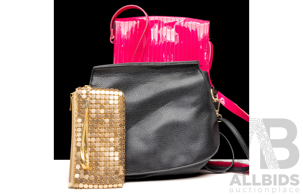 Ted Baker Hot Pink Crossbody, Gregory Ladner Gold Clutch & David Lawrence Crossbody Bags