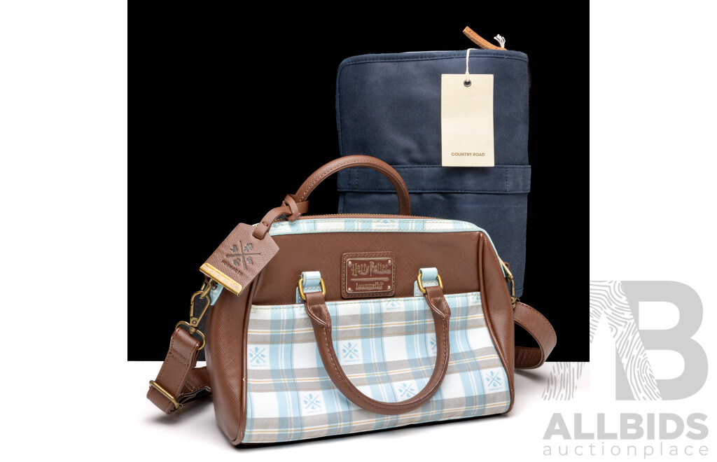 Loungefly Harry Potter Hufflepuff Patch Varsity Plaid Crossbody Bag & Country Road Waxy Canvas Wet Pack with Tags