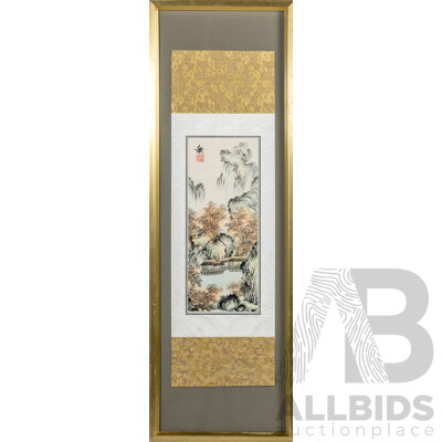 Artist Unknown (20th Century, Asian School), Tranquil Valley, Lovely Vintage Ink & Colour Wash on RIce Paper Backed on Fabric Panel, 64 x 210 cm (frame)