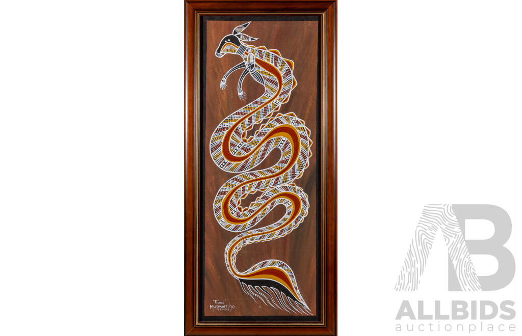 Murawarriyo, (20th Century, Indigenous-Australian), Biami [Rainbow Serpent], Wonderful Original Acrylic on Board, 81 x 37 cm (frame)