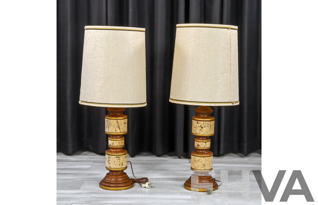 Pair of Mid-Century Table Lamps with Cork and Timber Bases