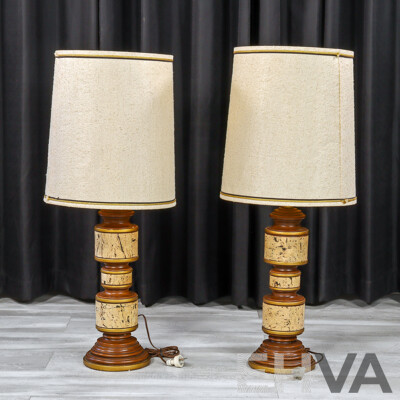 Pair of Mid-Century Table Lamps with Cork and Timber Bases