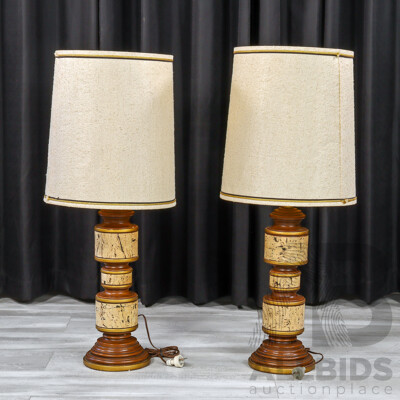 Pair of Mid-Century Table Lamps with Cork and Timber Bases