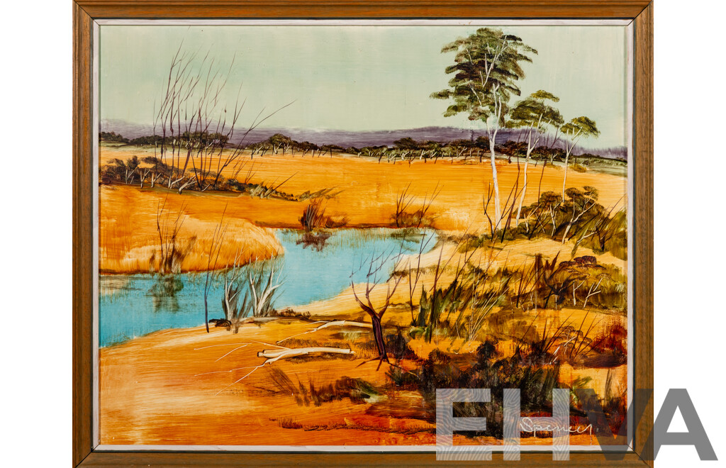 Spencer, (20th Century, Australian), Outback Creek, Original Vintage Oil on Masonite, 53 x 65 cm (frame)