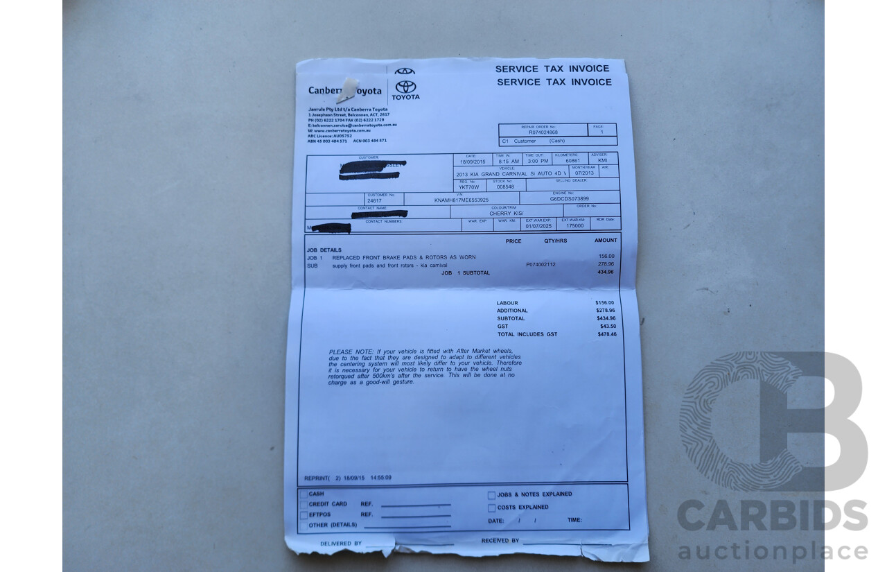 11/2013 Kia Grand Carnival Si VQ MY13 4d Wagon Maroon 3.5L