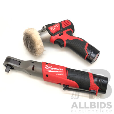 Milwaukee M12 Heavy Duty 12 Volt Cordless Spot Polisher/Detail Sander and M12 Fuel Cordless 1/2 Inch Ratchet